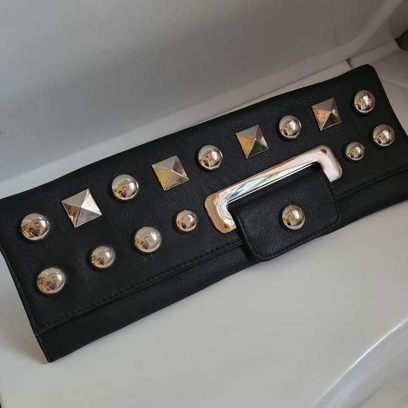 Black Leather And Studded Clutch By Karma - Picture 1 of 7